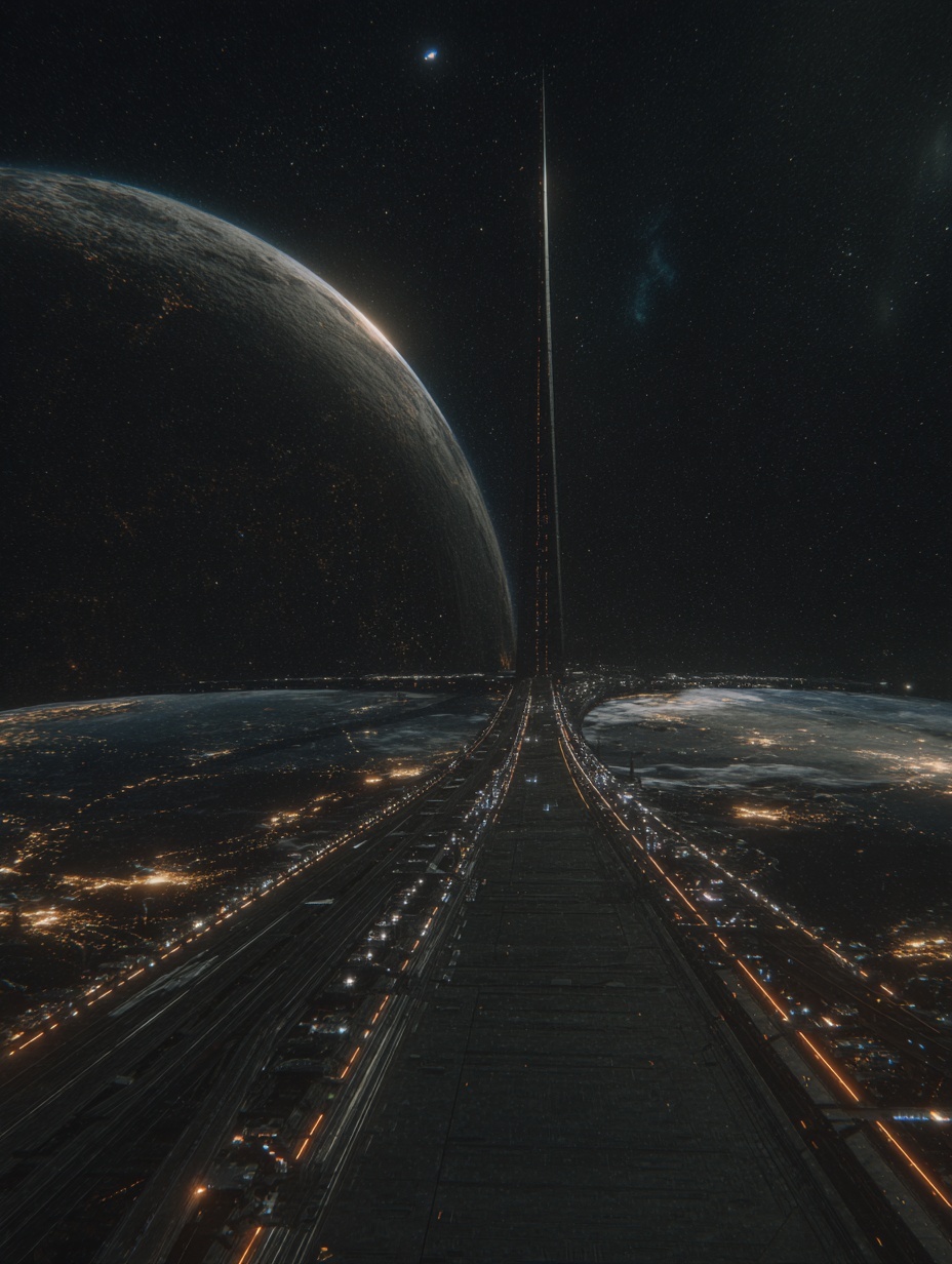 A cinematic wide shot of a massive sci-fi bridge c...