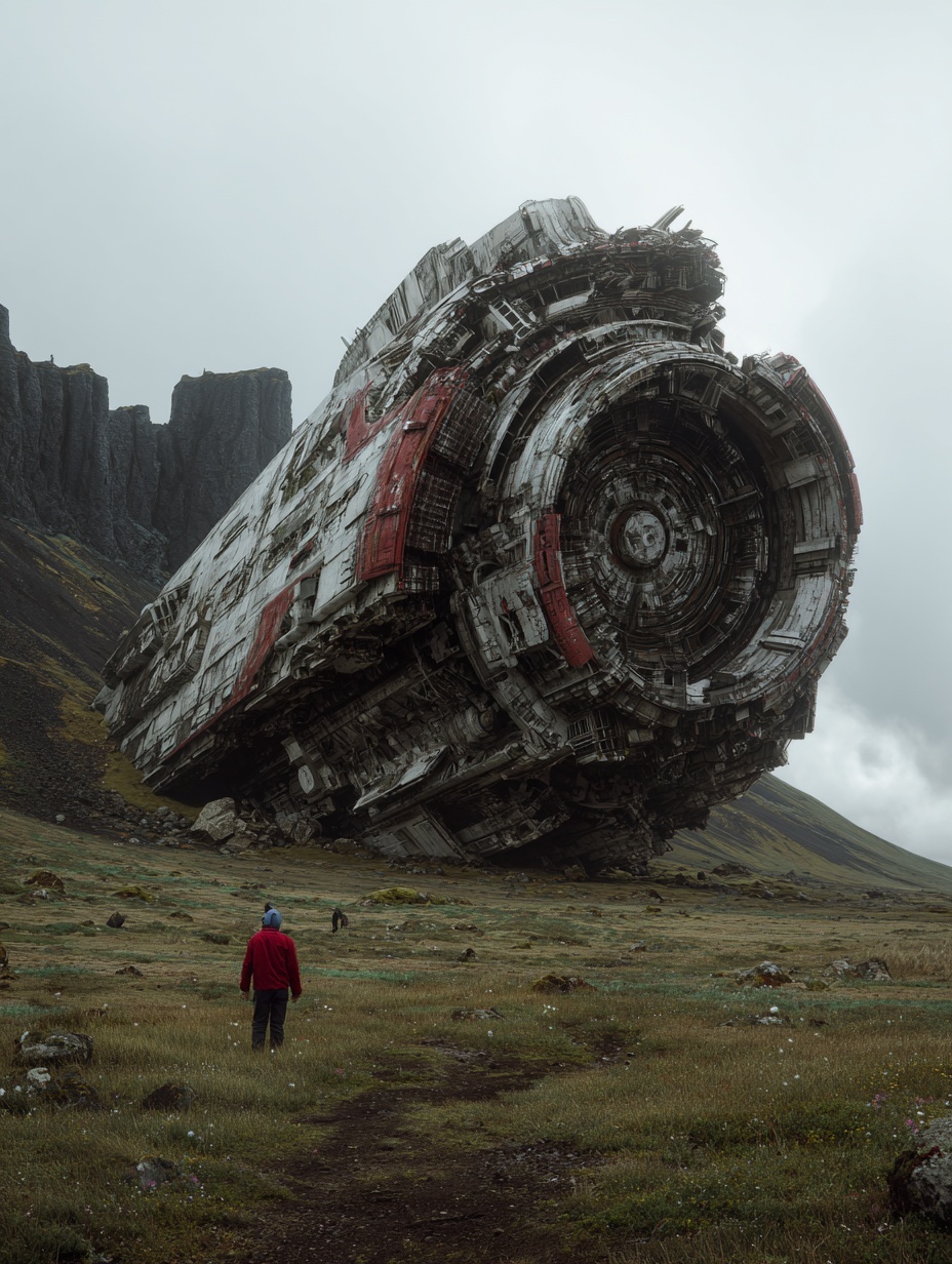 gigantic derelict spaceship wreckage in a terrafor...