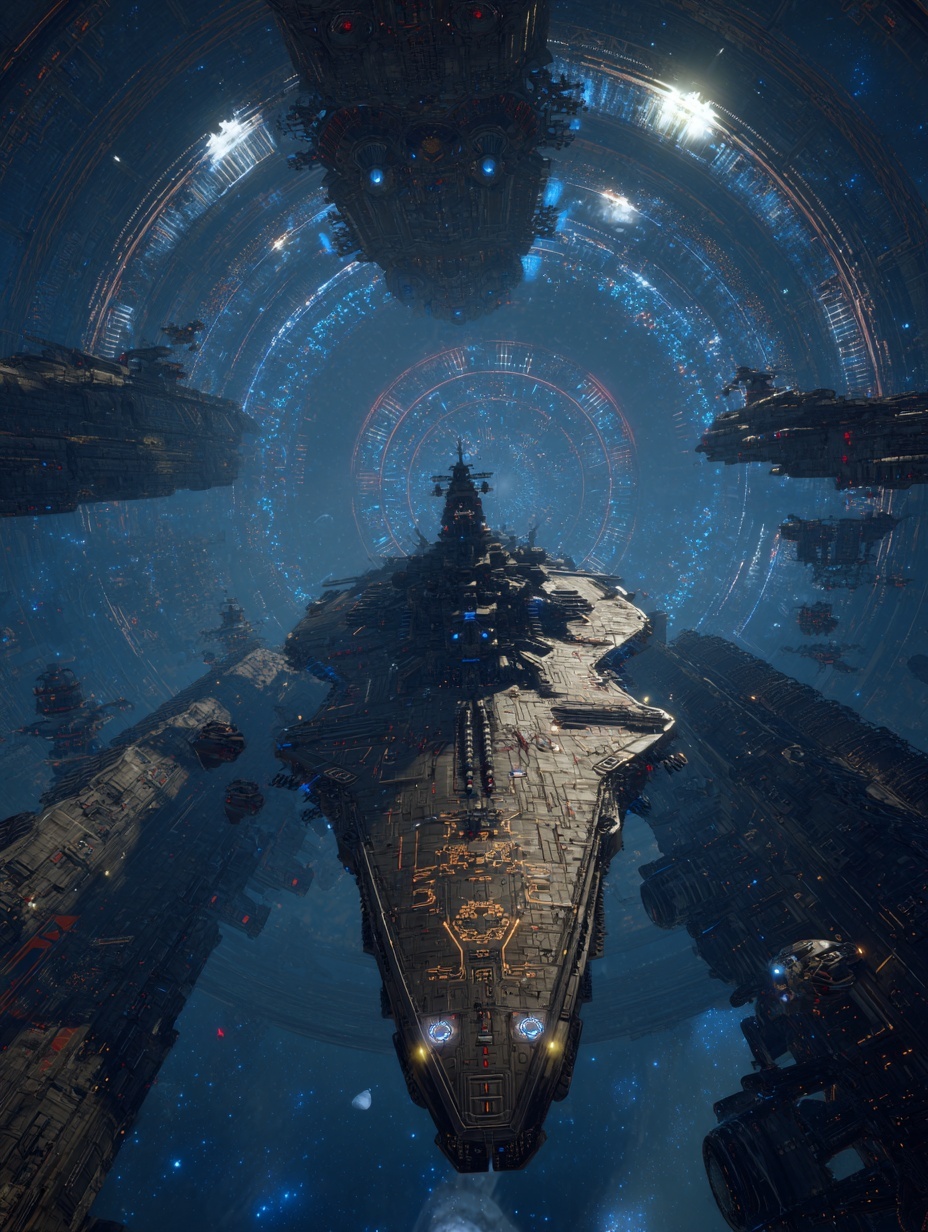 A massive space battleship with numerous weapons a...