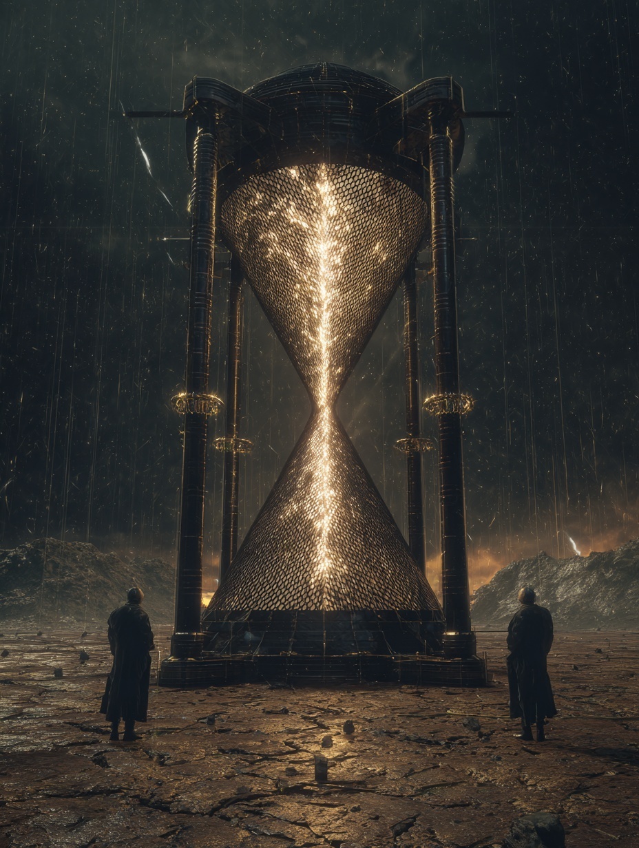 Epic sci-fi book cover, a colossal futuristic hour...