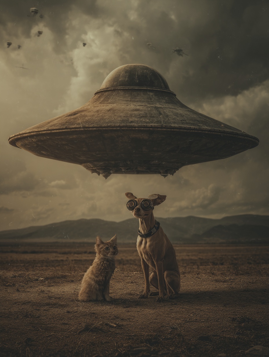 a funny image of a UFO kidnapping a goofy dog. The...