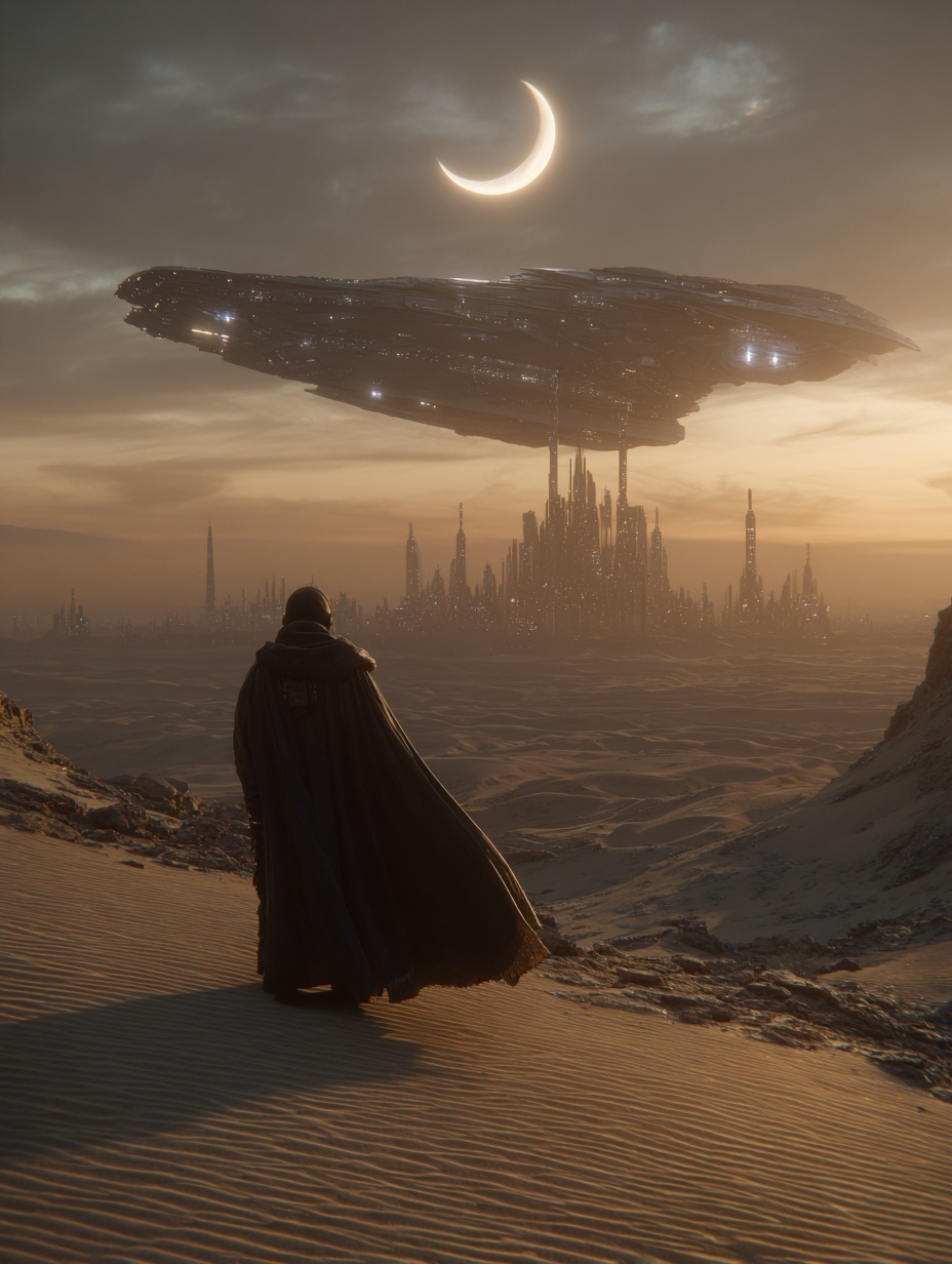 A cinematic desert landscape at sunset. In the for...