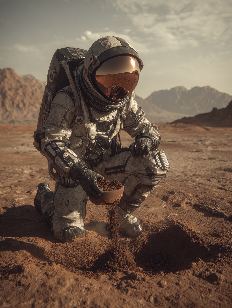 an ultra-realistic astronaut collecting a soil sam...