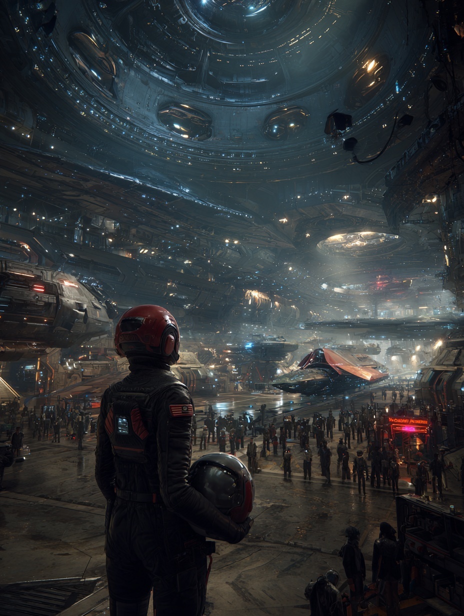 The massive starship hangar is bustling with activ...