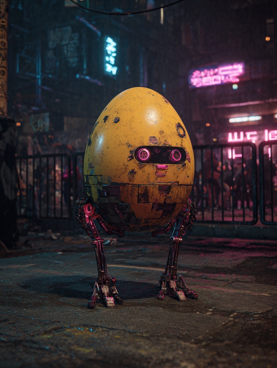A cute little robot made of yellow egg, with pink ...