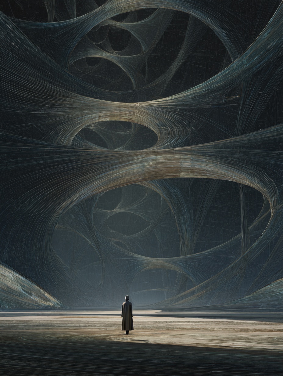 a tiny human figure floating inside a vast abstrac...