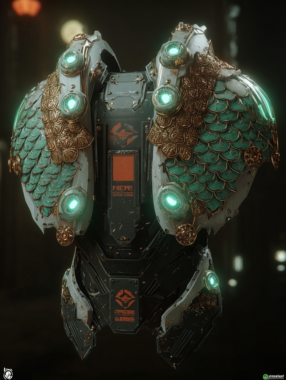 a set of shoulder pads with scales, "fierce war" l...