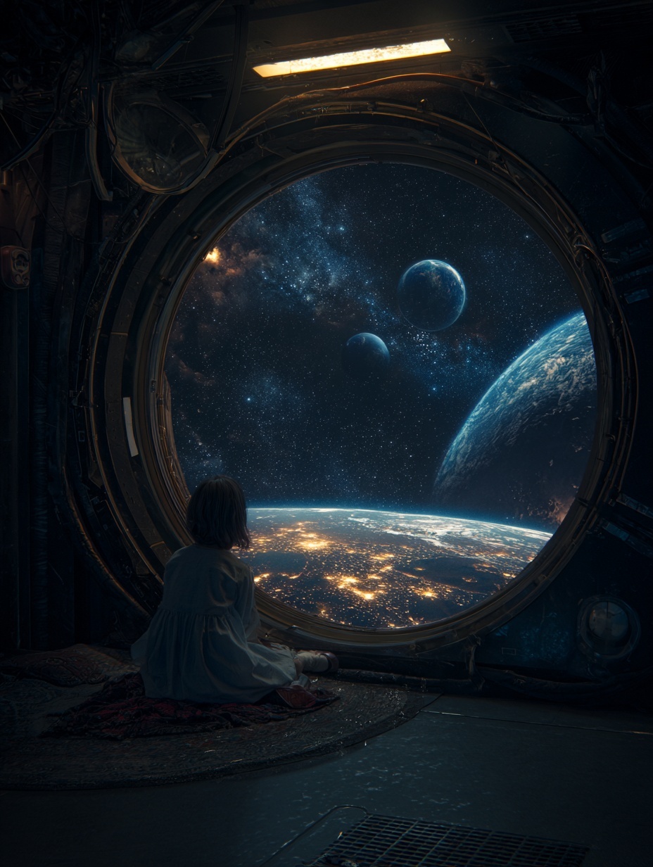 In the spaceship, the little girl was looking out ...