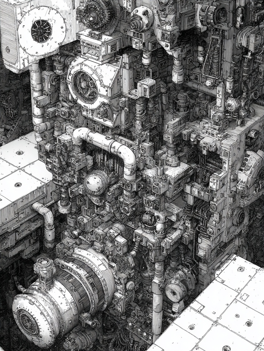 Black and white intricate Illustration of futurist...