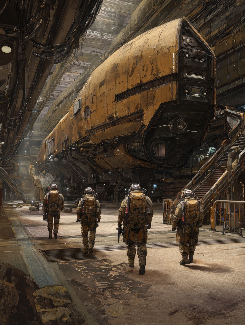 Docking bay on a space station. Four soldiers walk...