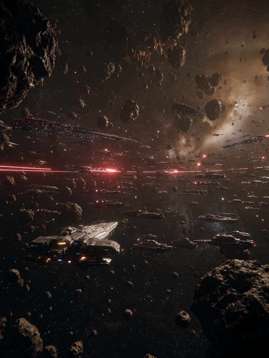 epic space vattle in an asteroid field with 100s o...