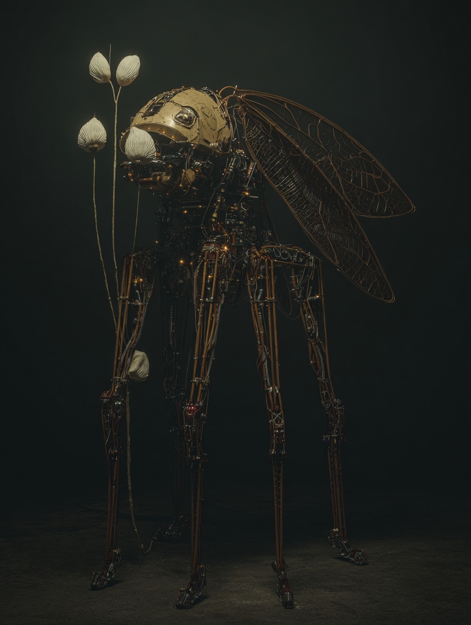 drones with delicately articulated limbs, carrying...