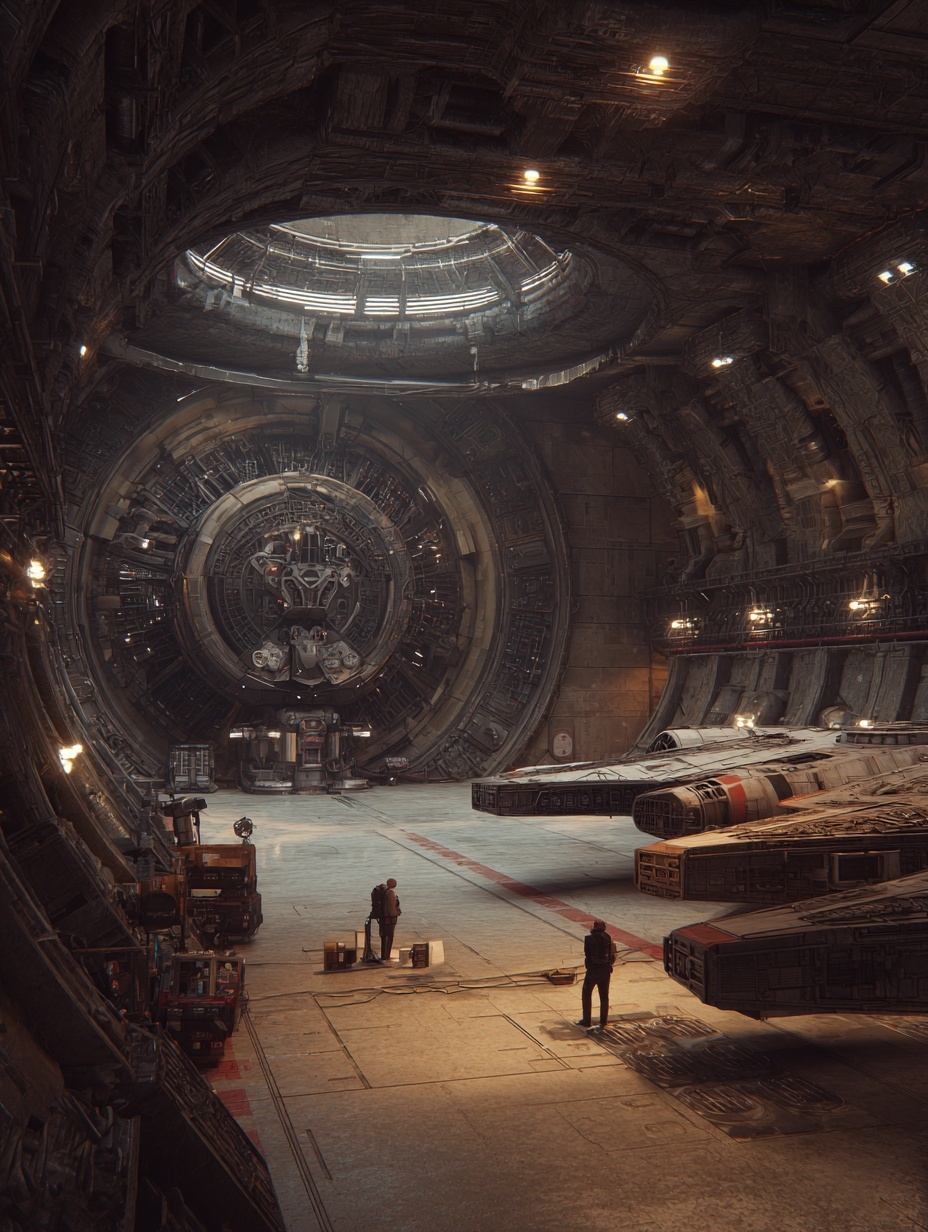 inside hangar in a space station with spacefighter...