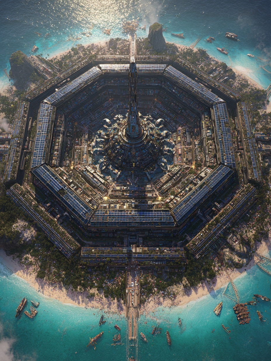 From above, Pacific Anchor City emerges from the t...