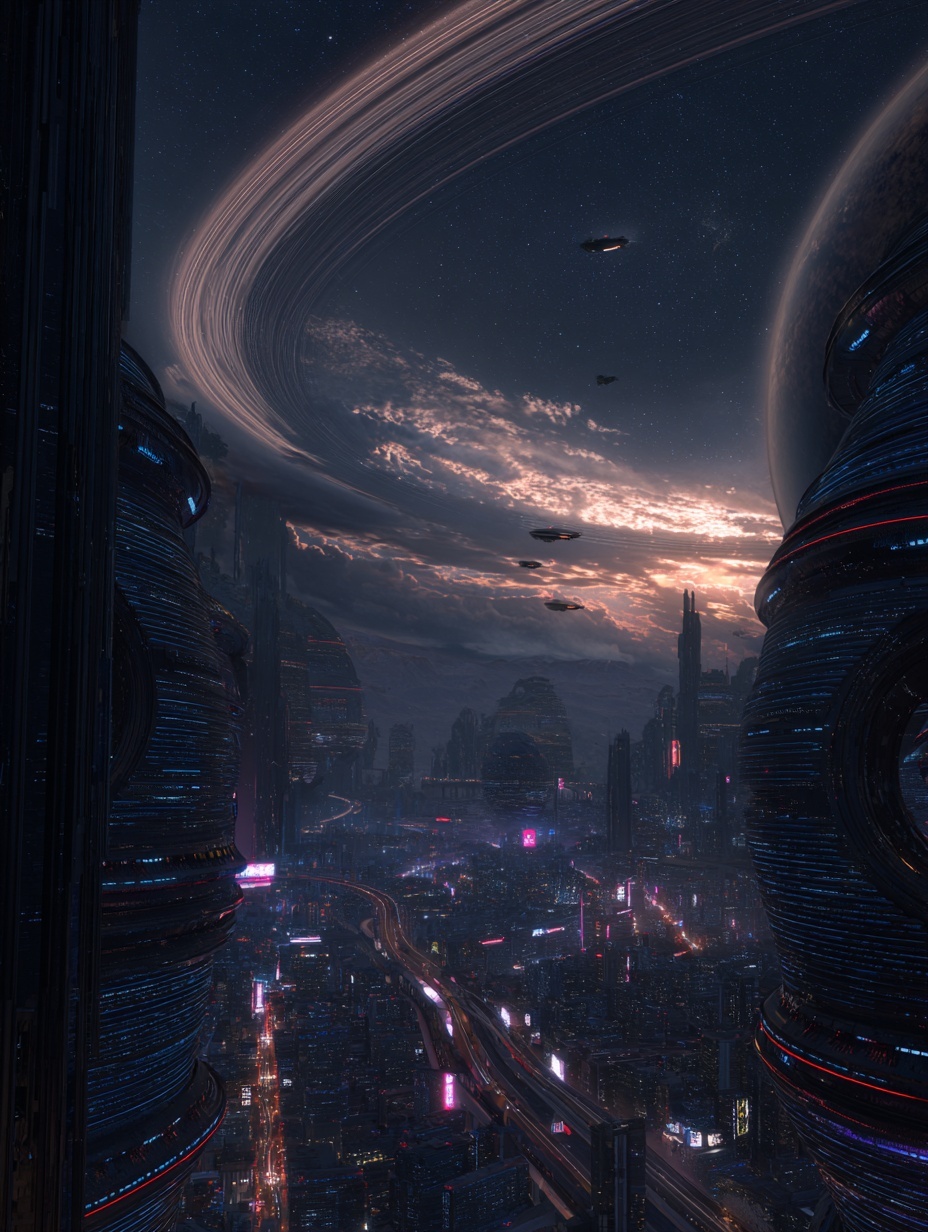 A majestic futuristic city, with sleek, curved sky...