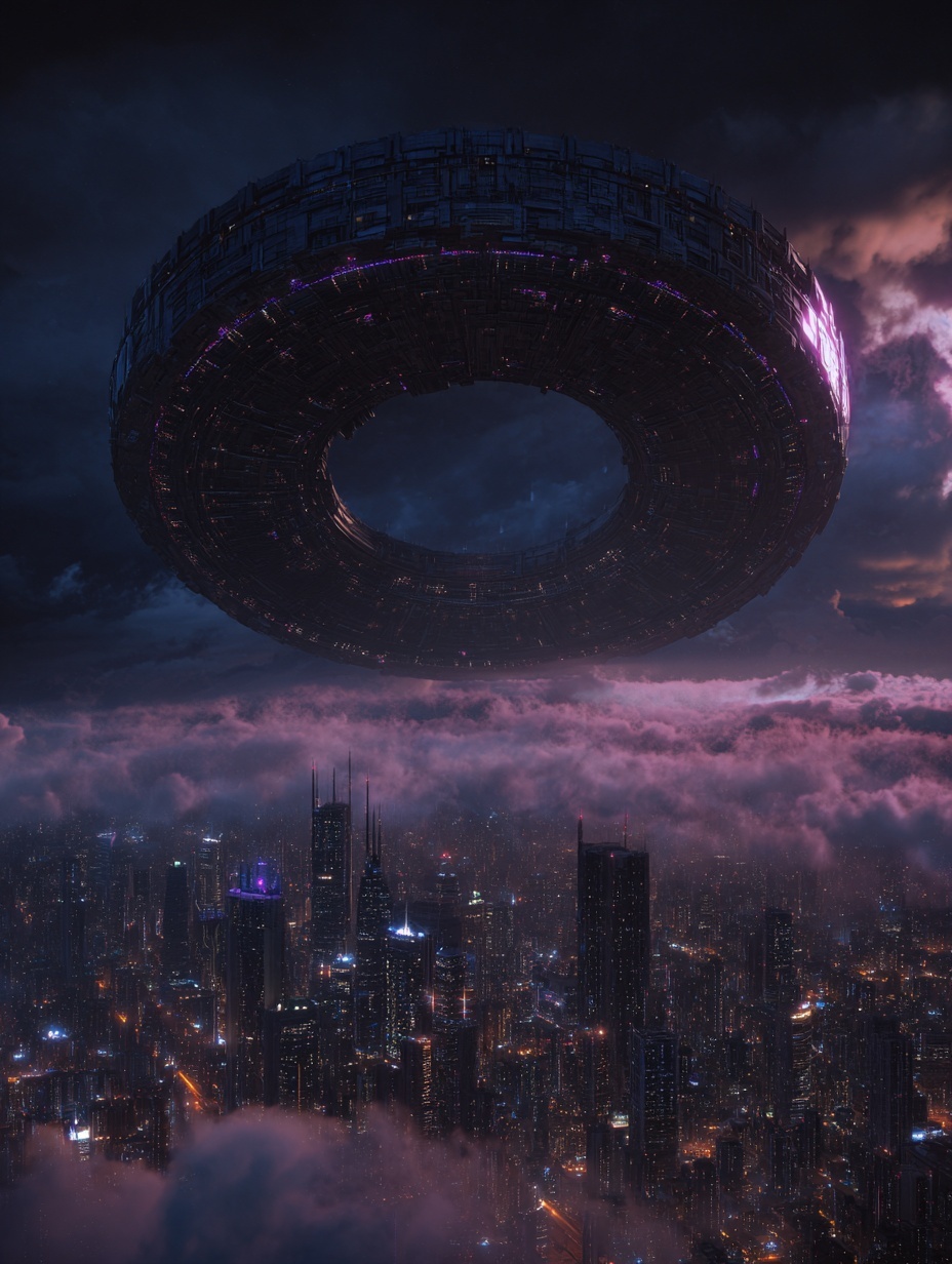 Big disc in the sky of the future city,punk style,...