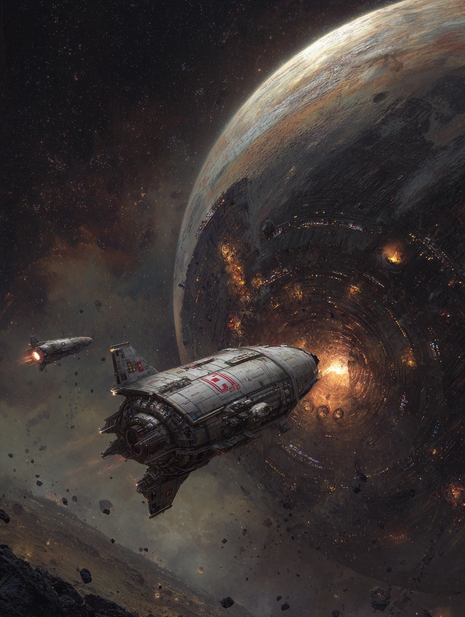 a smaller near-future space-ship with a red cross ...