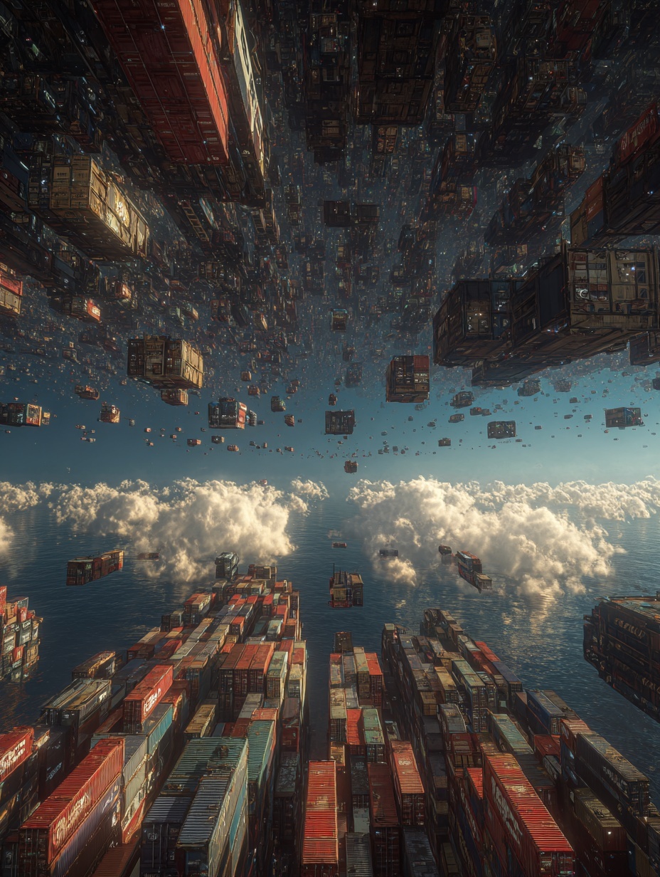 looking down over a hundred of flying shipping con...