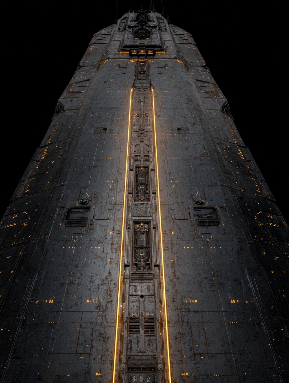 Cropped frontal view of a futuristic mega-ship’s h...
