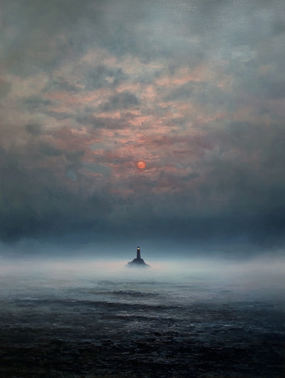 a painting of a distant lighthouse emerging throug...