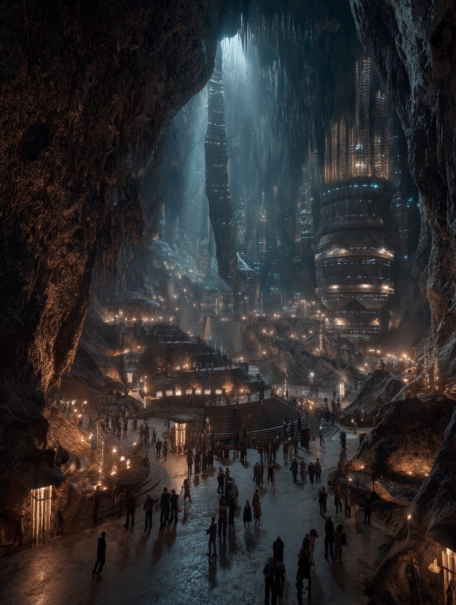 futuristic underground city in towering cave. real...