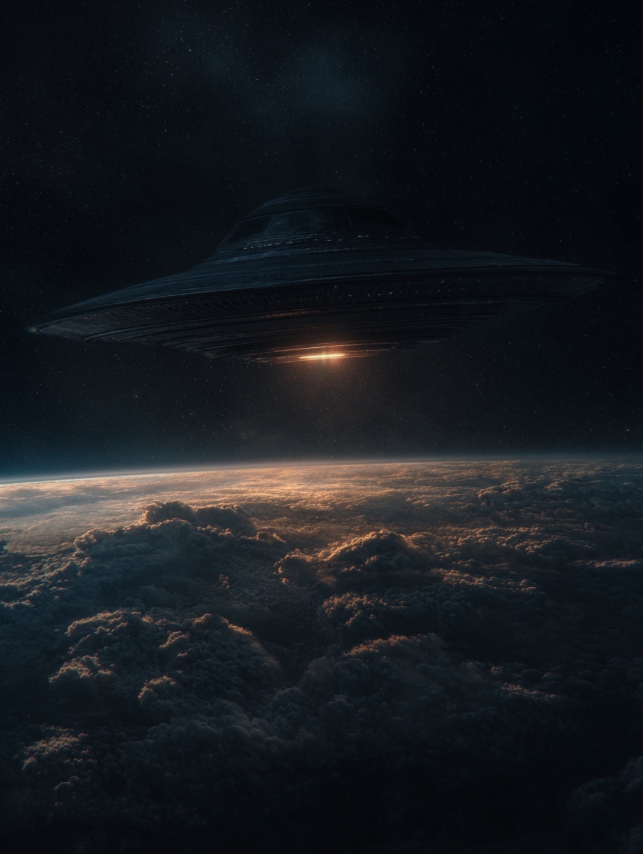 minimal cinematic shot of a ufo in space+ use text...
