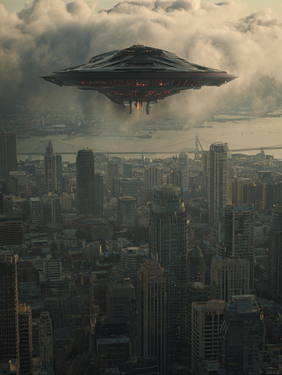 spaceship hovering over a city+ use text--ar 3:4 a...