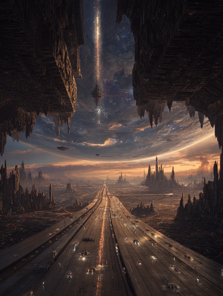 Sci-fi city, a glowing road floating in the sky le...