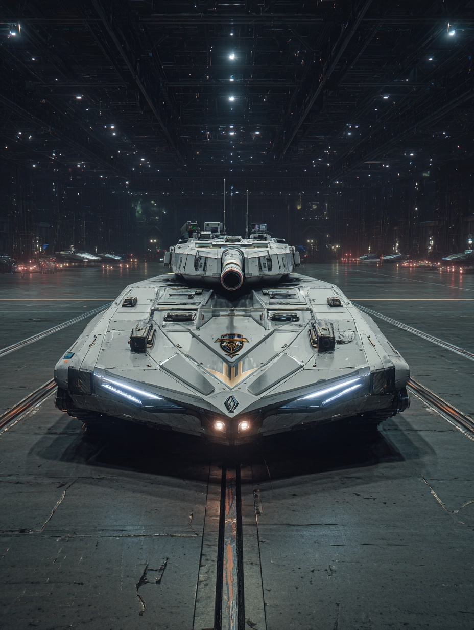 A high-tech tank with a wide angular front, glowin...