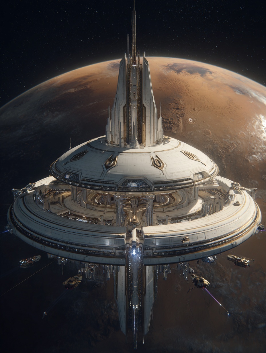 A sleek, white spaceport facility floats silently ...