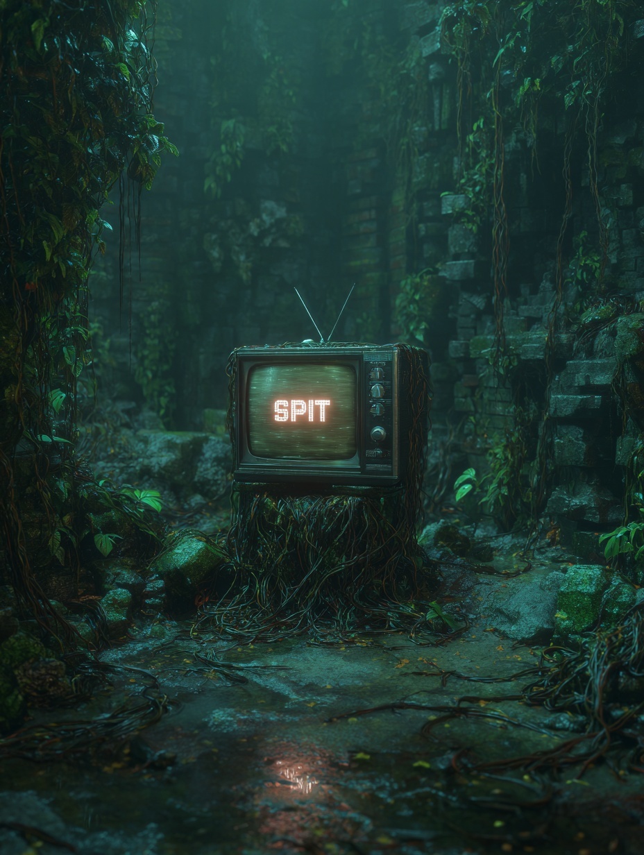 analog CRT television glowing in overgrown alien r...