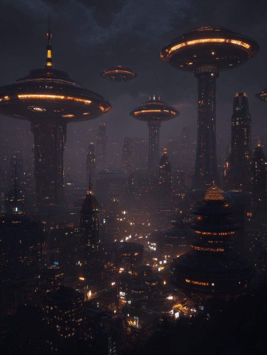 cities bathed in gentle light from compact alien r...
