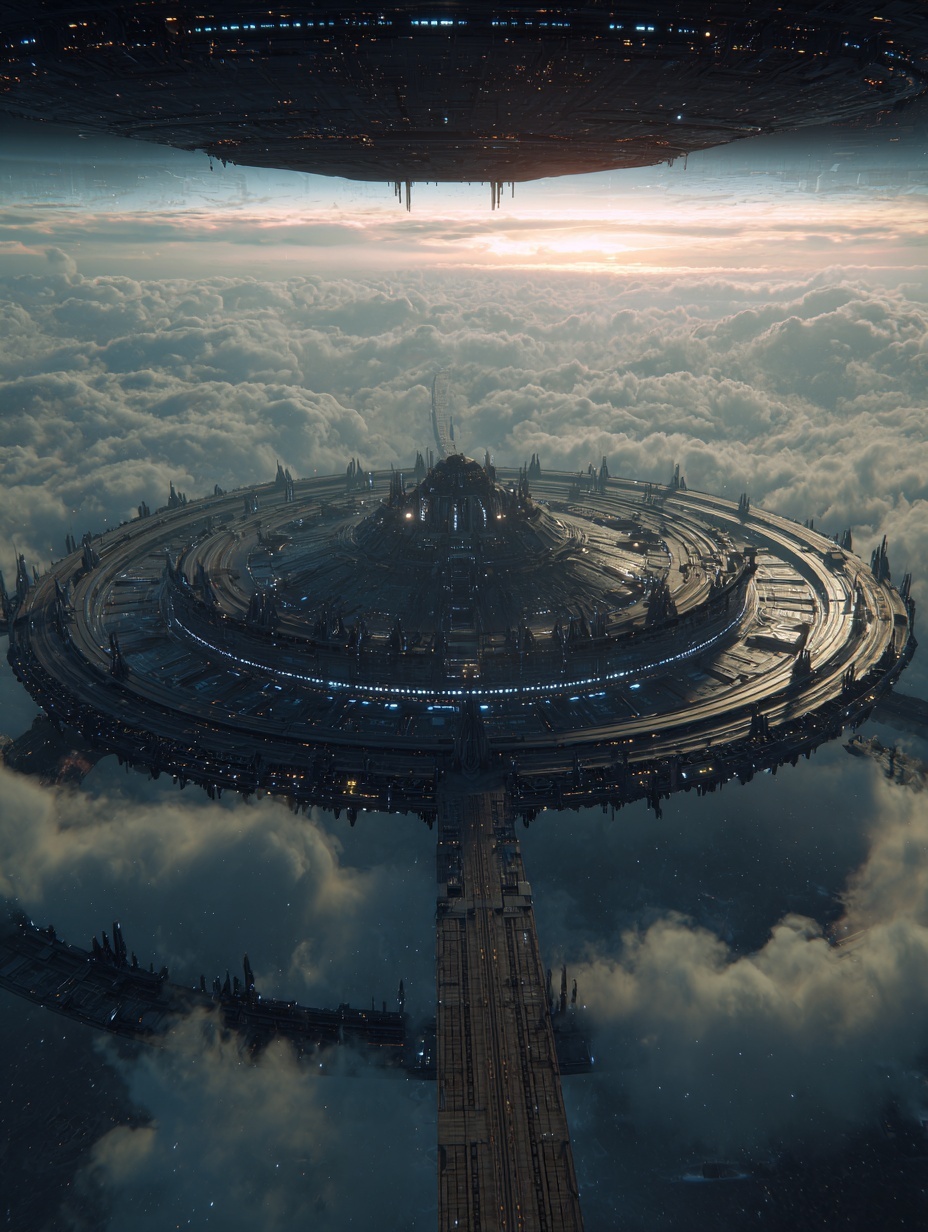 A colossal sci-fi orbital ring space station in th...