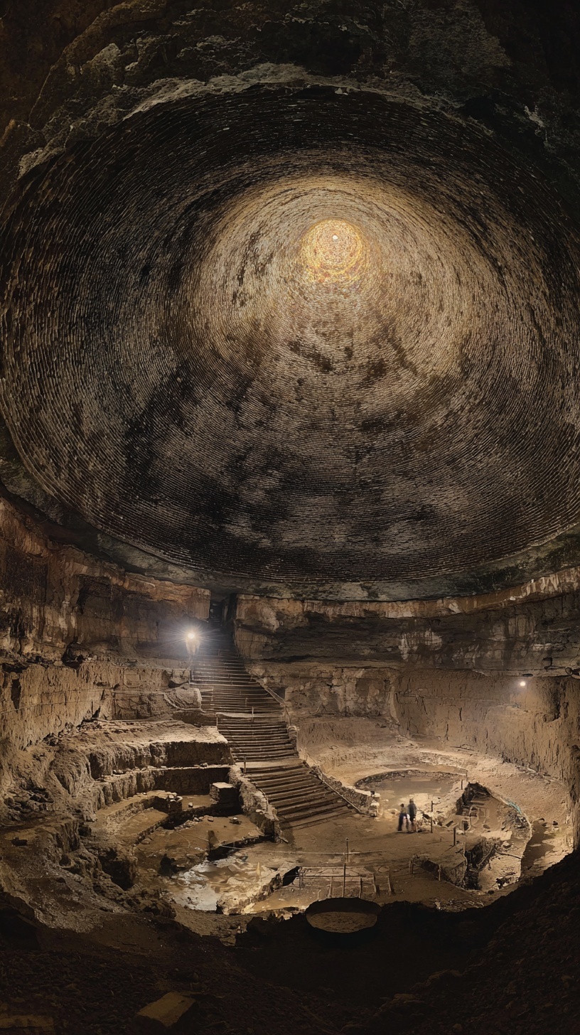 Vast underground dim cavern. Large, ancient space....