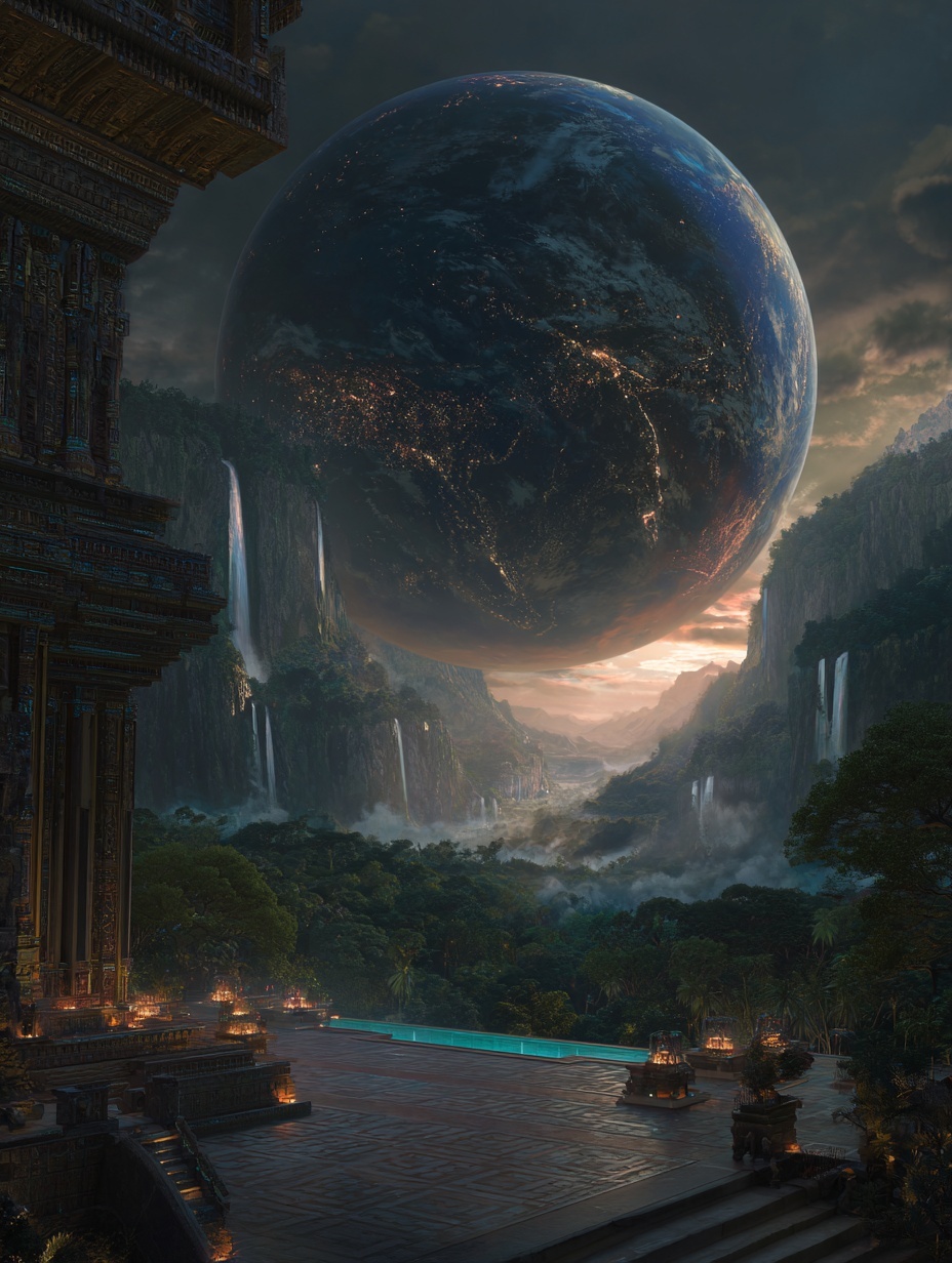 A colossal planet Earth dominates the sunset sky, ...