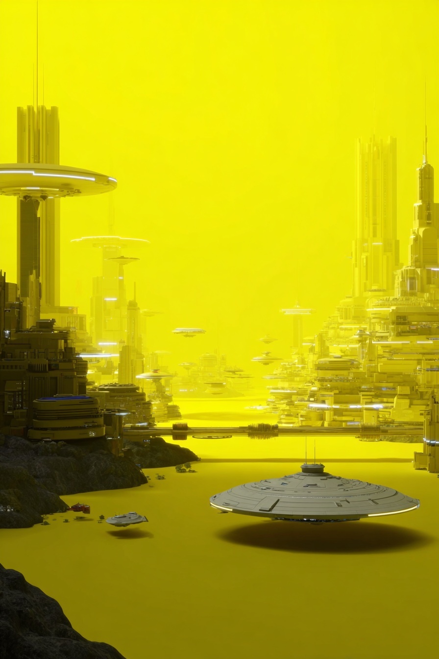 Retro-futuristic sci-fi illustration of a colossal...