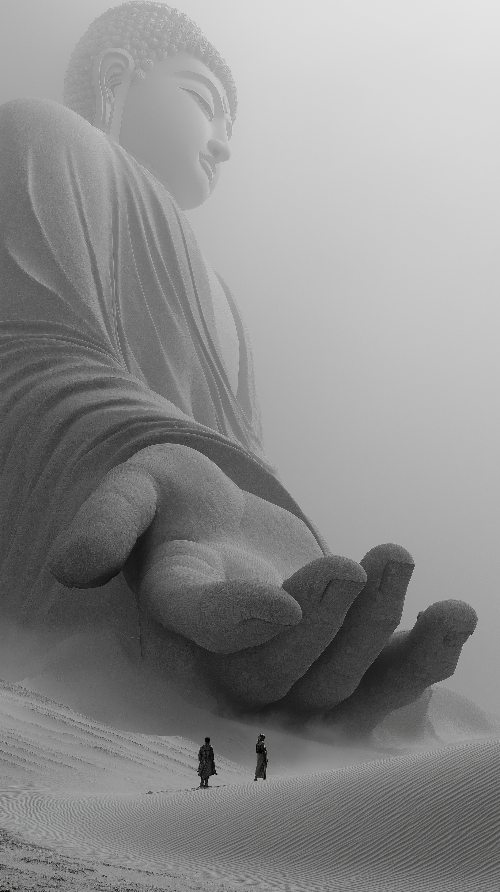 a giant hand of the buddha lies atop rolling sand ...