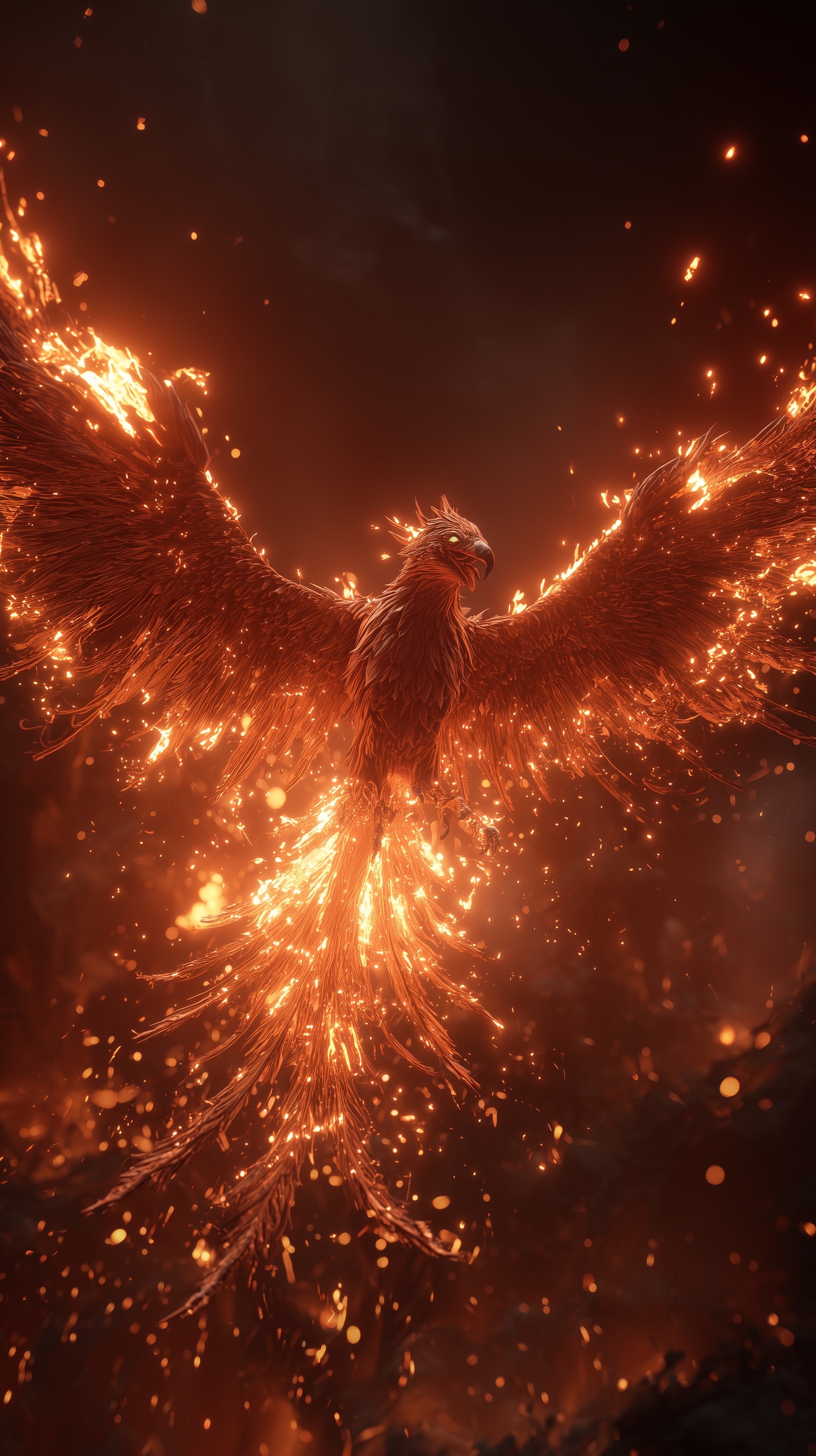 phoenix rising from ashes and fire in 3D unreal, c...