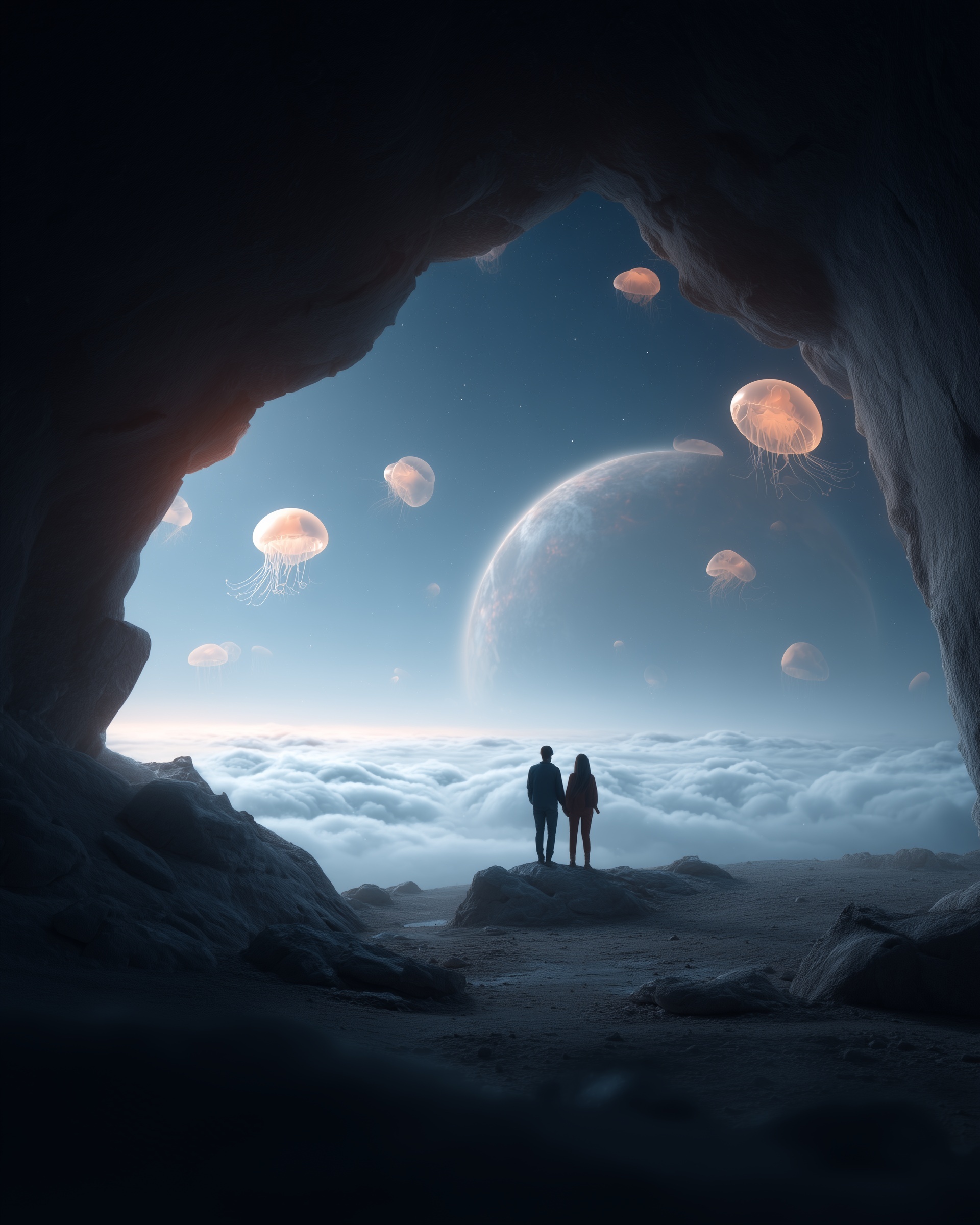 A breathtaking cinematic scene of a couple standin...