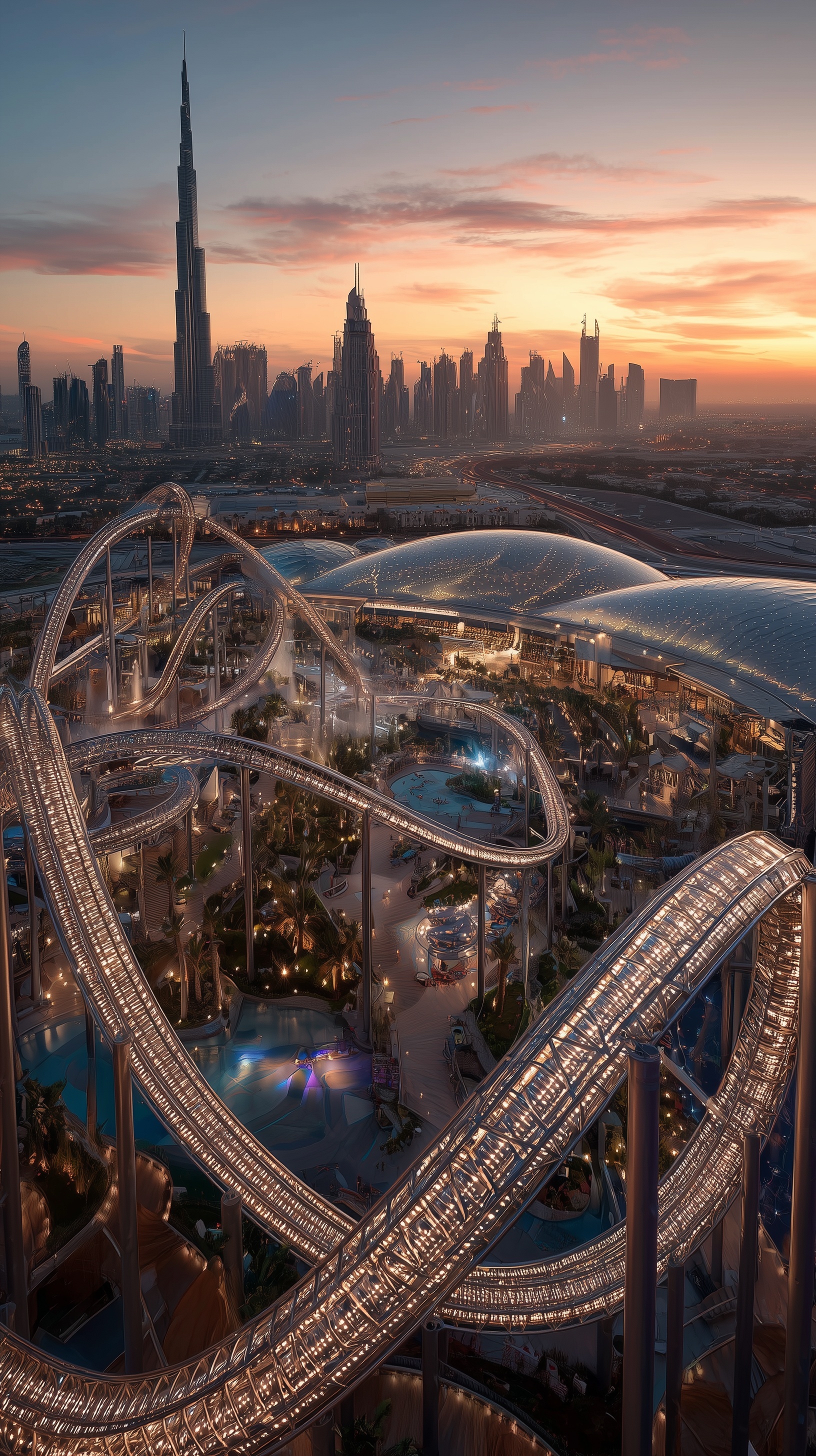 aerial view of a futuristic roller coaster park in...
