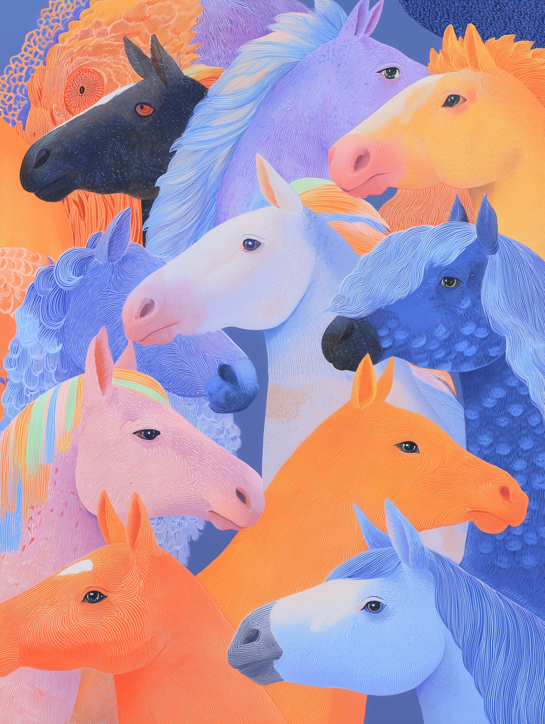 Several Chinese horses, close-up, details, Eastern...