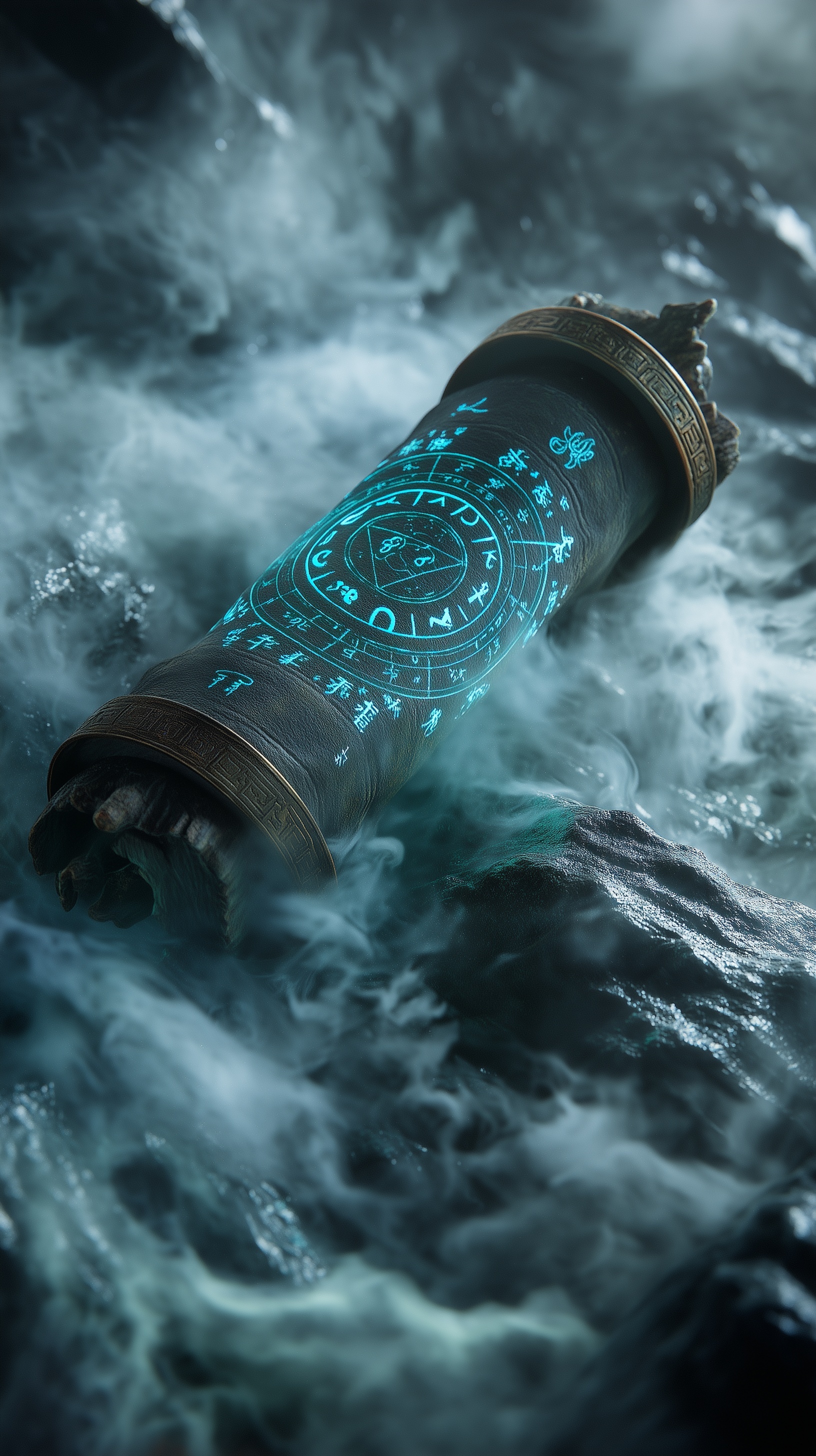 An ancient scroll of Shan Hai Jing floating in swi...