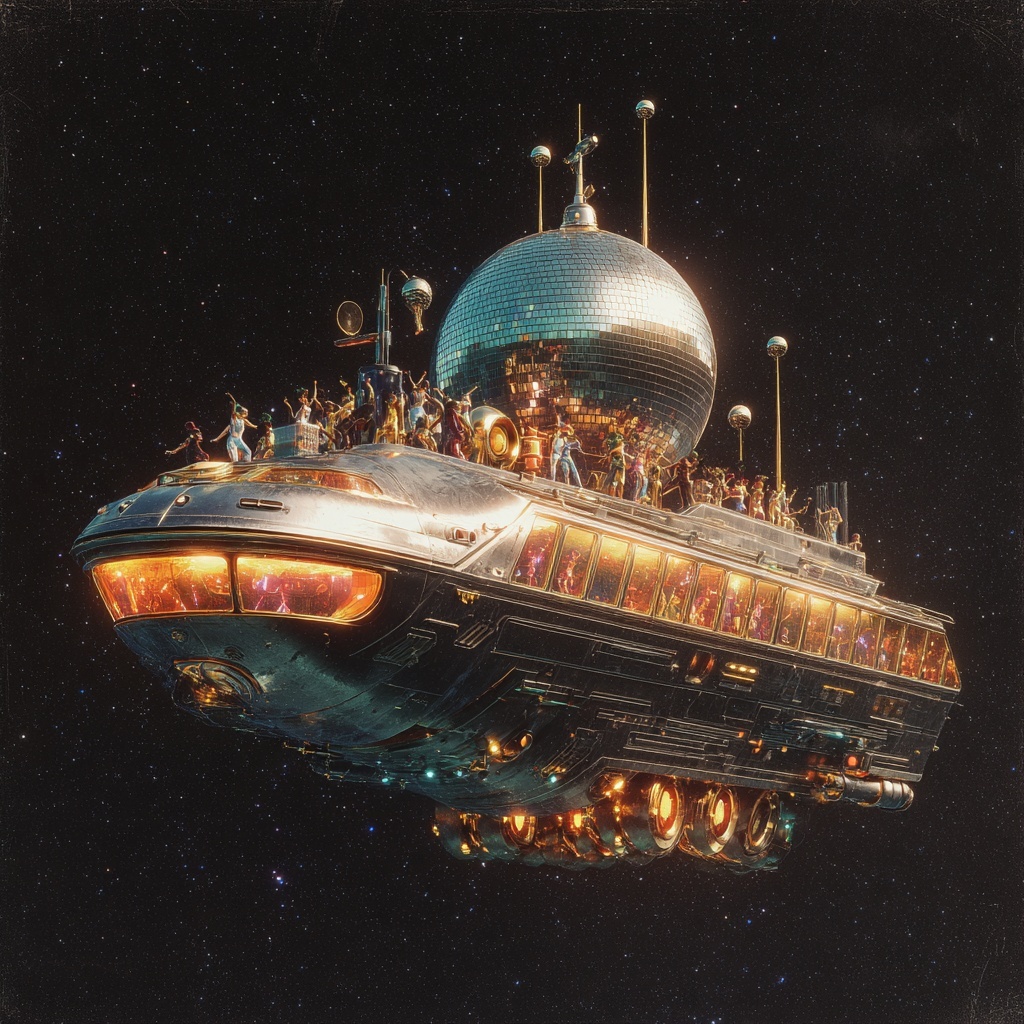 A massive retro-futuristic spaceship drifting in d...