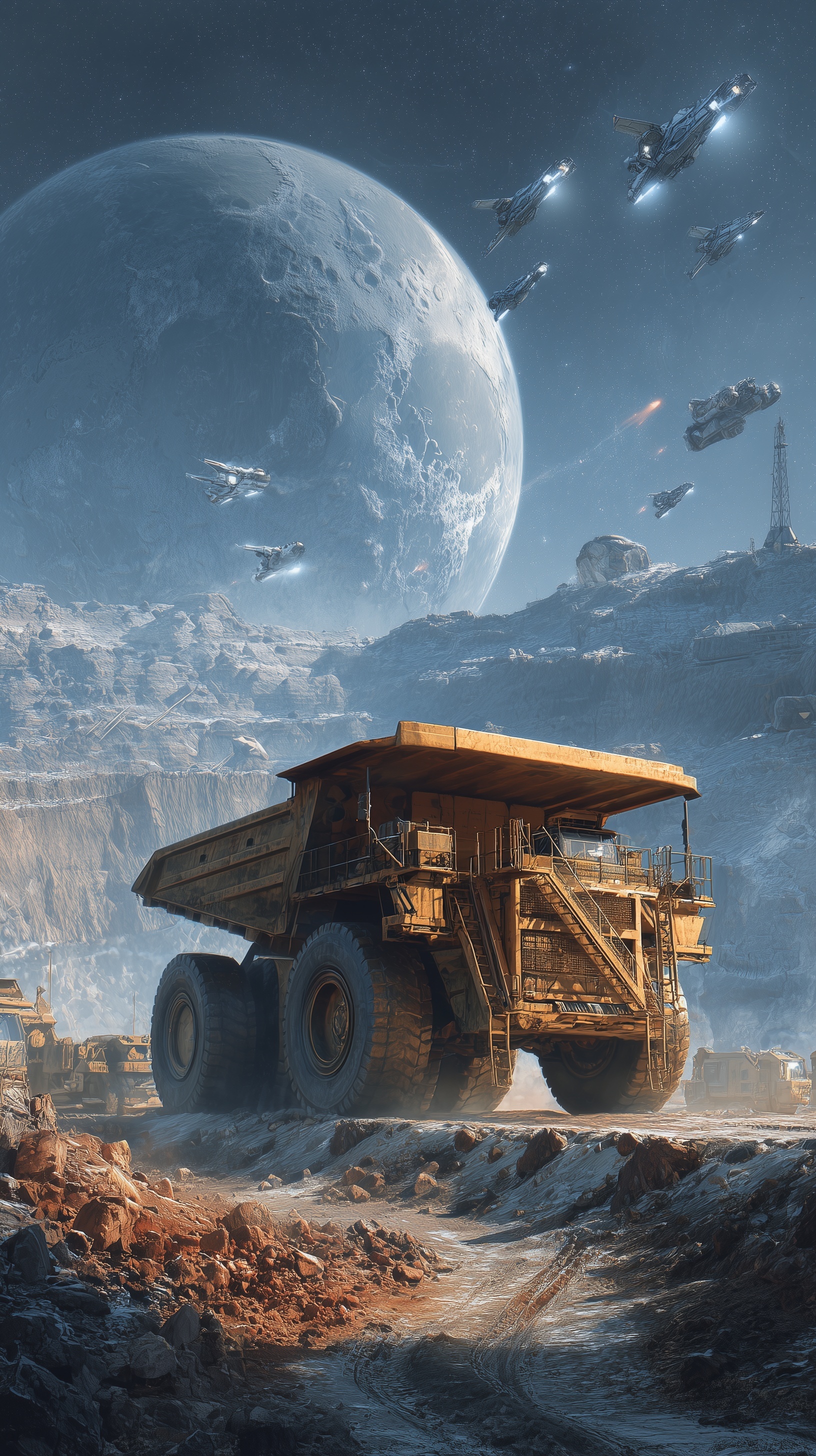 a big mining truck is mining on moon, open pit, so...