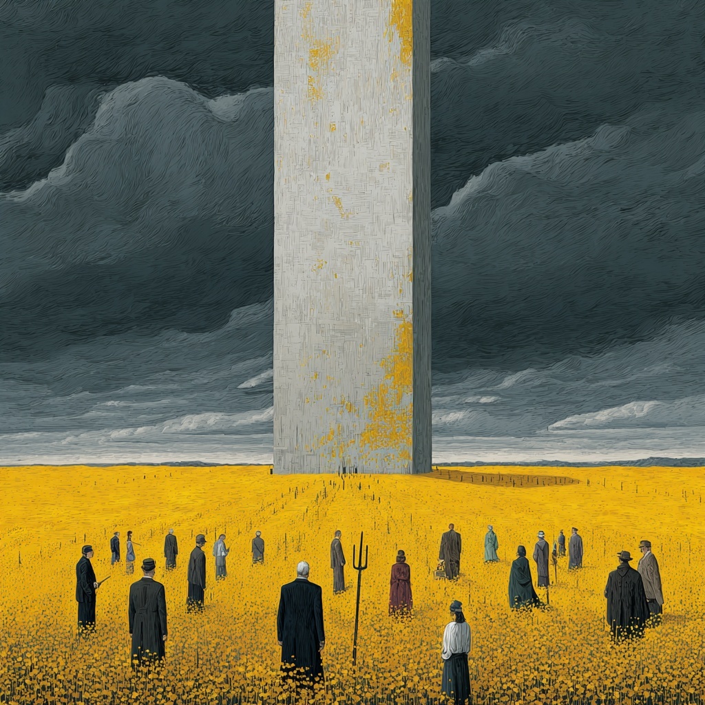 a field with a concrete tower in it. The sky is co...