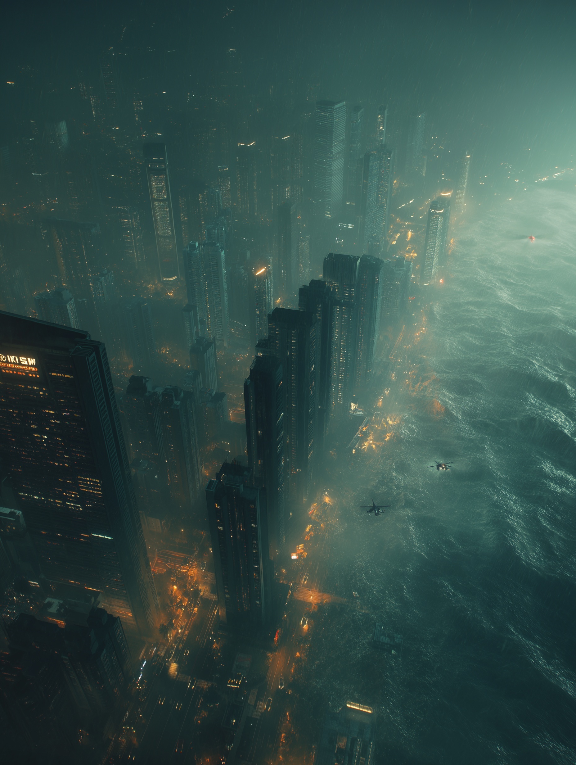 typhoon eye approaching coastal megacity at dusk, ...