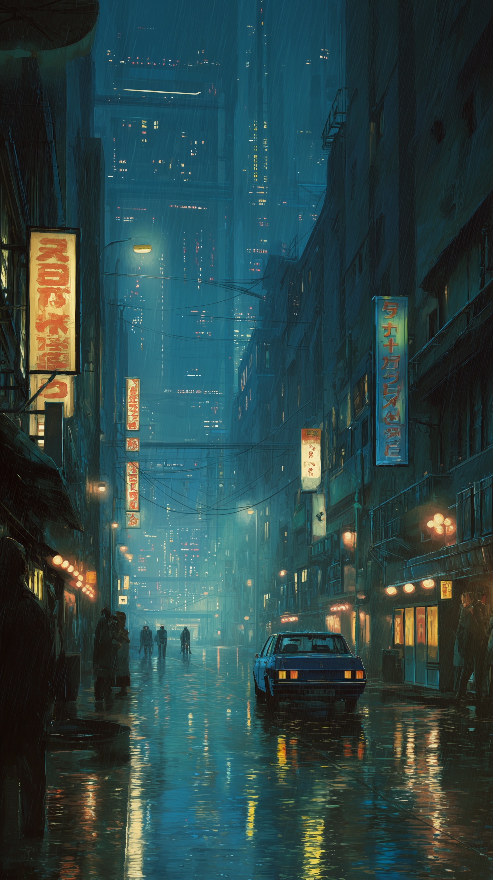 Matte painting of a rainy cyberpunk city; 1980's a...