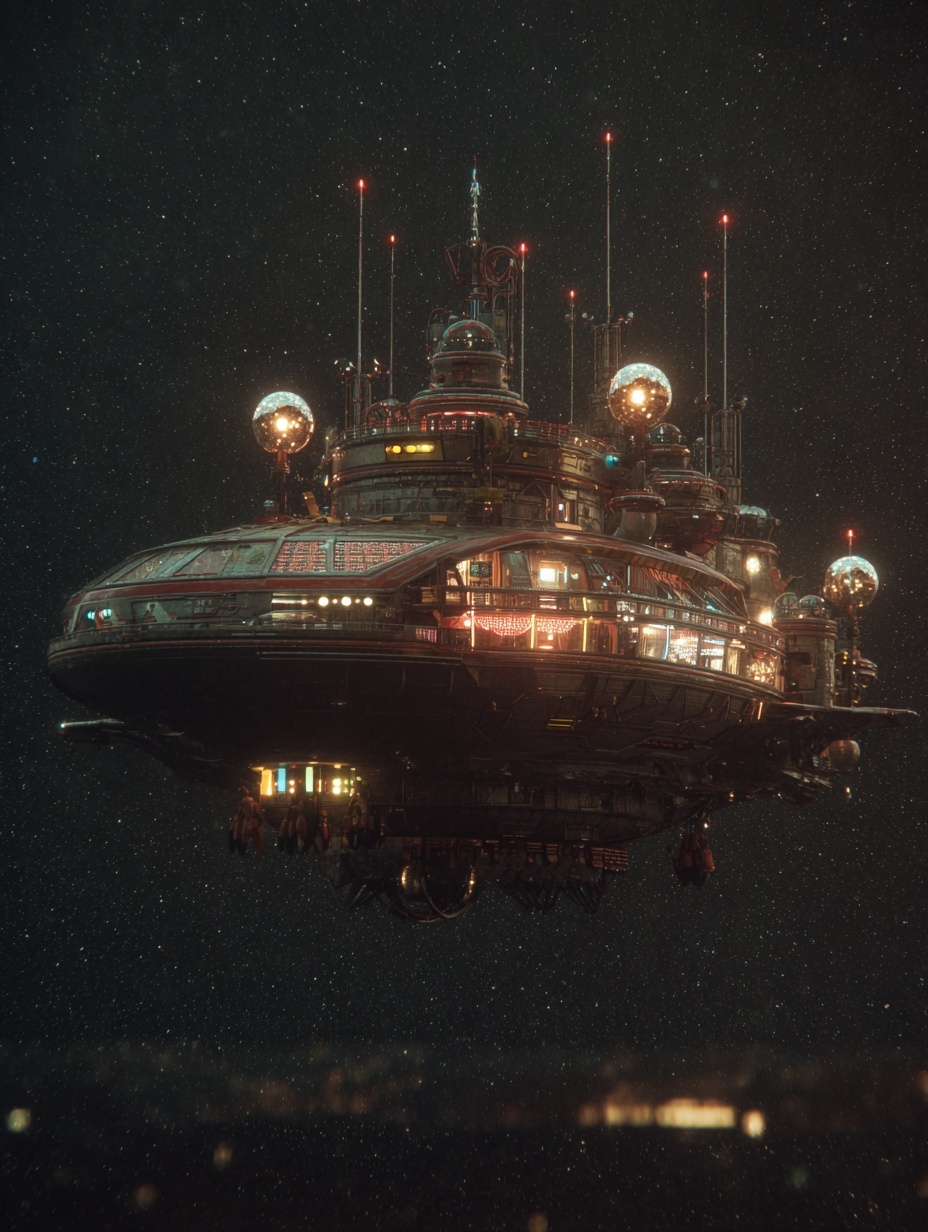A massive retro-futuristic spaceship drifting in d...