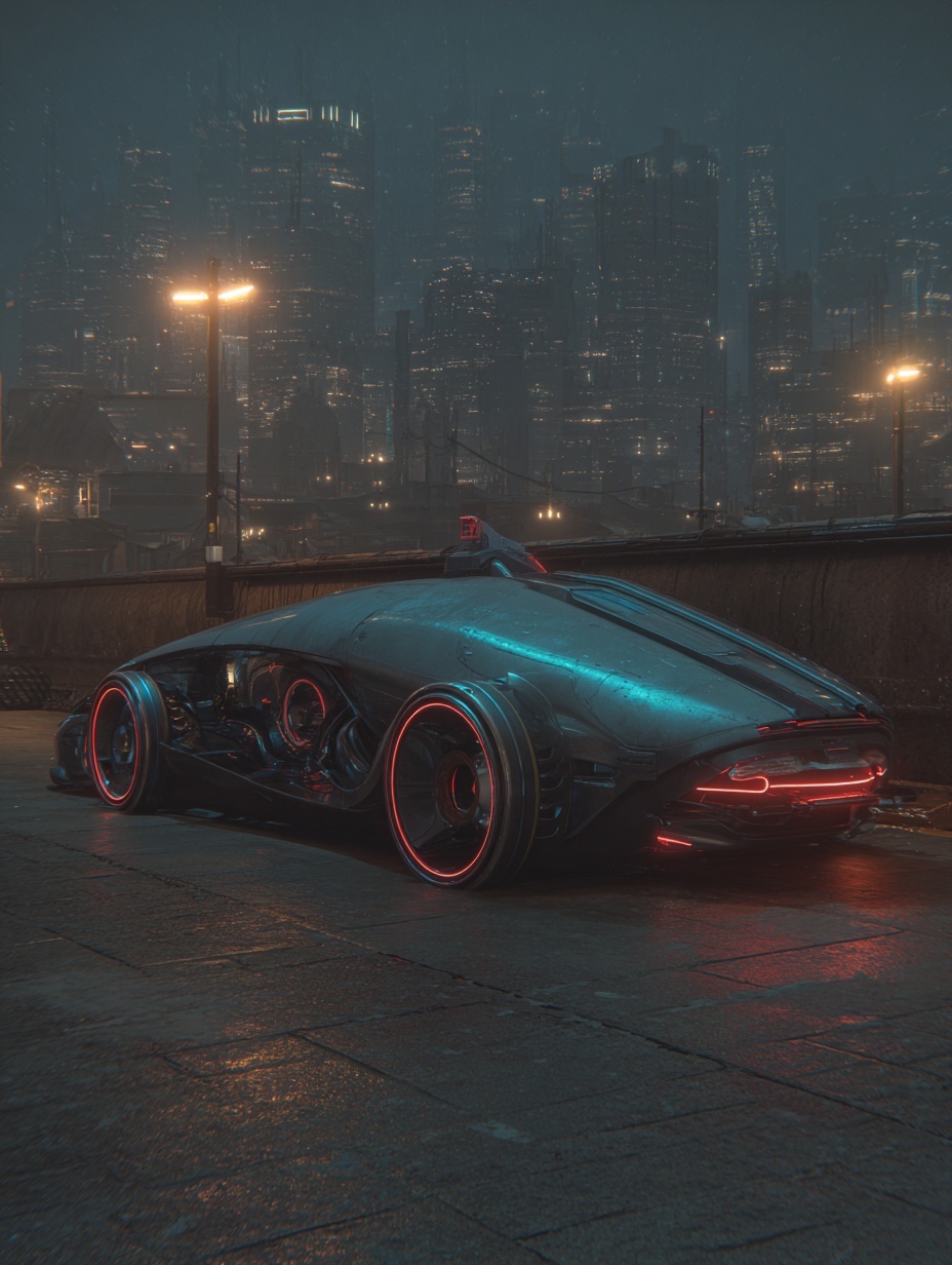 Futuristic concept vehicle, glowing accents in red...