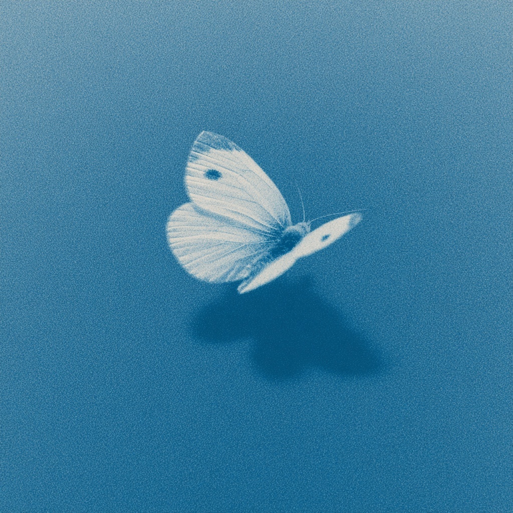 a white butterfly floats on the water, with a blue...